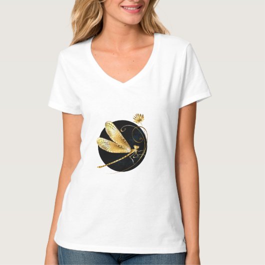 Gouden libel in zwarte cirkel t-shirt (Voorkant)
