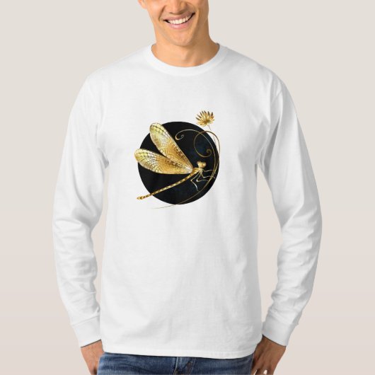 Gouden libel in zwarte cirkel t-shirt (Voorkant)