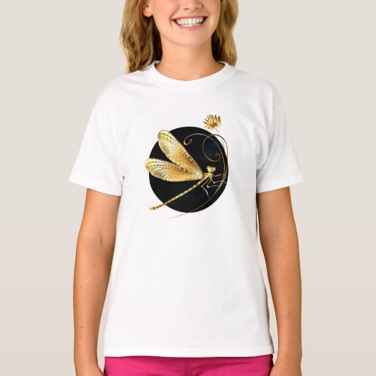 Gouden libel in zwarte cirkel t-shirt (Voorkant)