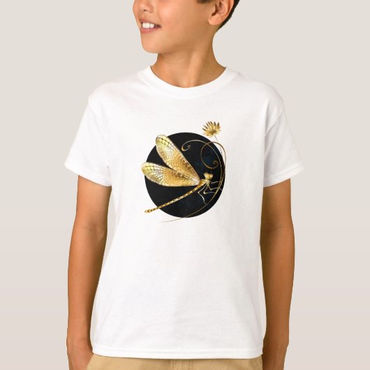 Gouden libel in zwarte cirkel t-shirt (Voorkant)