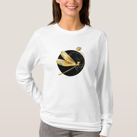 Gouden libel in zwarte cirkel t-shirt (Voorkant)