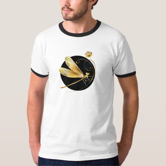 Gouden libel in zwarte cirkel t-shirt (Voorkant)