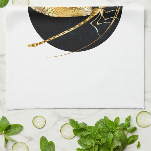 Gouden libel in zwarte cirkel theedoek (Gevouwen)