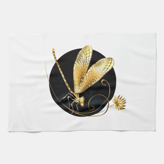 Gouden libel in zwarte cirkel theedoek (Horizontaal)
