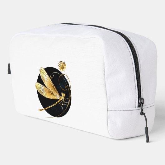 Gouden libel in zwarte cirkel toilettasje (Rechterhoek)