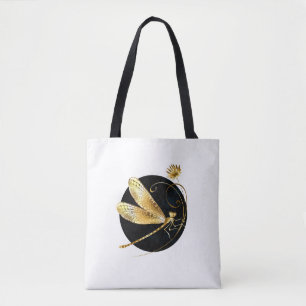 Gouden libel in zwarte cirkel tote bag