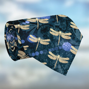 Gouden Libellen op Vintage Teal Blauwe Damast Stropdas
