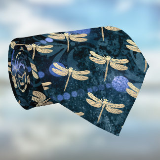 Gouden Libellen op Vintage Teal Blauwe Damast Stropdas