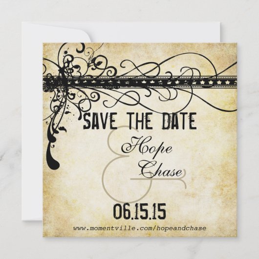 Gouden lichten verbrande zwarte funky wervelingen  save the date (Voorkant)