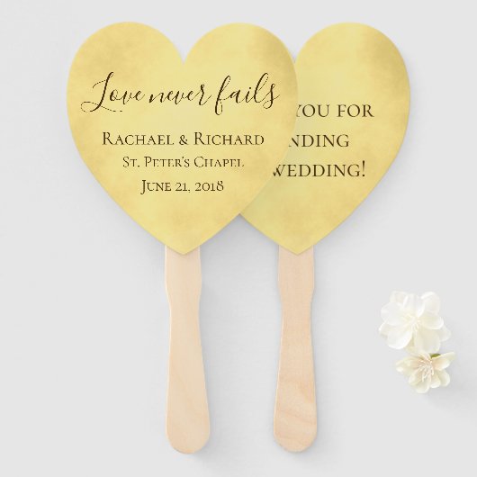 Gouden liefde nooit mislukt bruiloft handwaaier (Voorkant en achterkant)