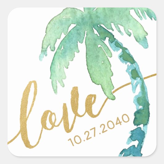 Gouden Liefde Waterverf Palm Tree Beach Bruiloft Vierkante Sticker (Voorkant)