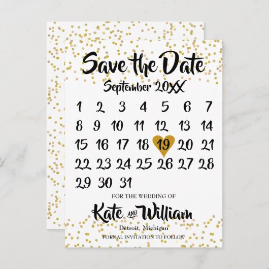 Gouden Liefdeshart Kalender Datum Besparen Aankondigingskaart (Voorkant / Achterkant)