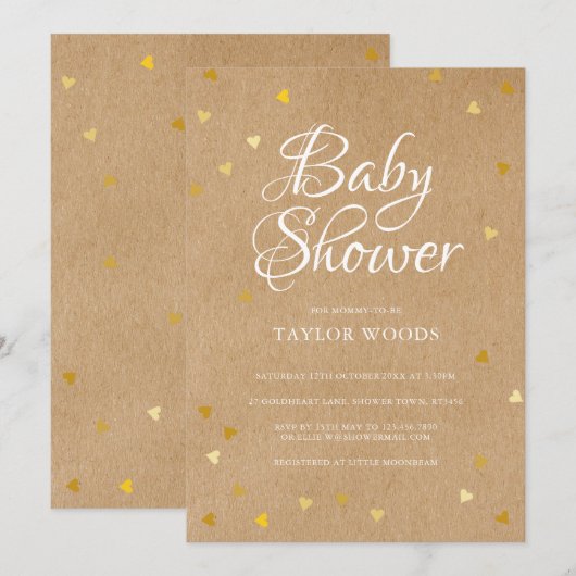 Gouden Liefdeshartjes Baby Shower Rustieke Kraft B Kaart (Voorkant / Achterkant)