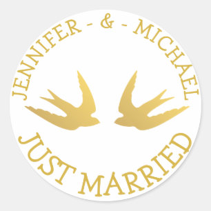 Gouden Liefdesvogels Net Getrouwd Huwelijk Liefdes Ronde Sticker
