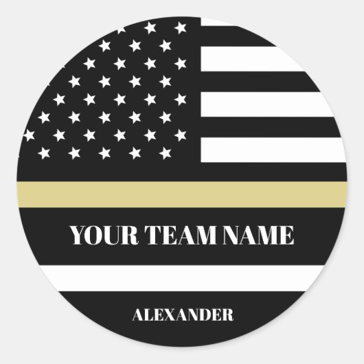 Gouden Lijn Amerikaanse Vlag met Aangepaste Team- Ronde Sticker (Voorkant)
