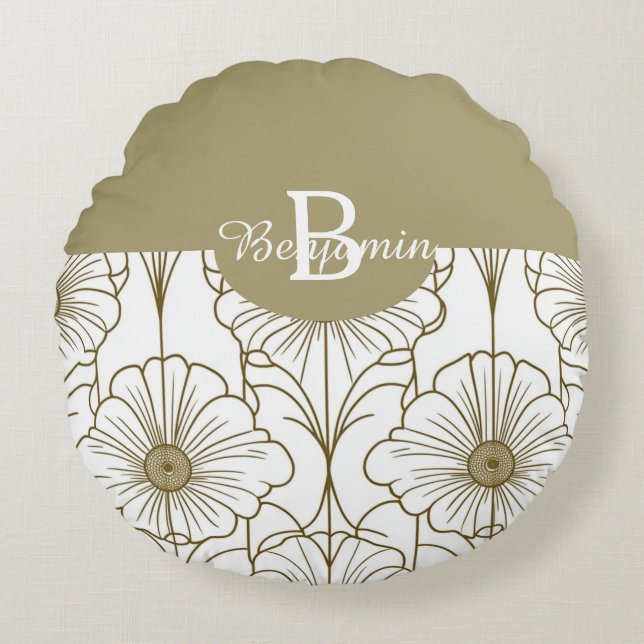 Gouden Lijn Bloempatroon Ronde Kussen (Voorkant)