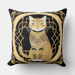 Gouden lijnkunst van een kat met decoratieve geome kussen