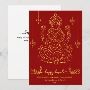 Gouden lijnkunst van Godin Lakshmi op Lotus Feestdagenkaart