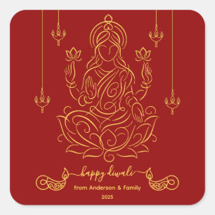Gouden lijnkunst van Godin Lakshmi op Lotus Vierkante Sticker