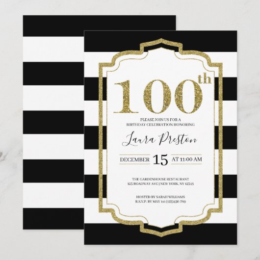 Gouden Lijst Black Stripes Glitter 100e Verjaardag Kaart (Voorkant / Achterkant)