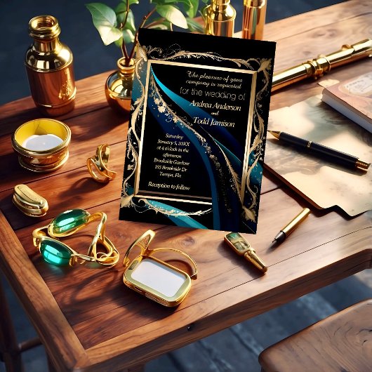 gouden lijst blauwgroen blauw zwart bruiloft kaart