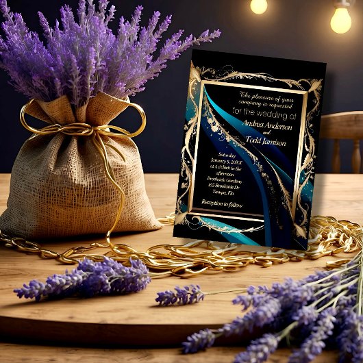  gouden lijst blauwgroen blauw zwart bruiloft kaart