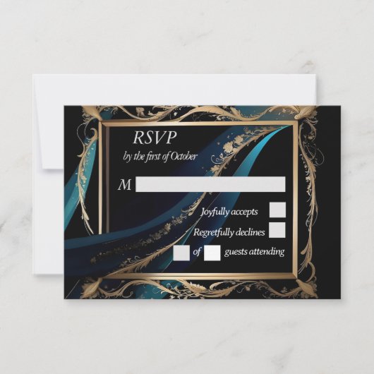  gouden lijst blauwgroen blauw zwart bruiloft RSVP kaartje (Voorkant)