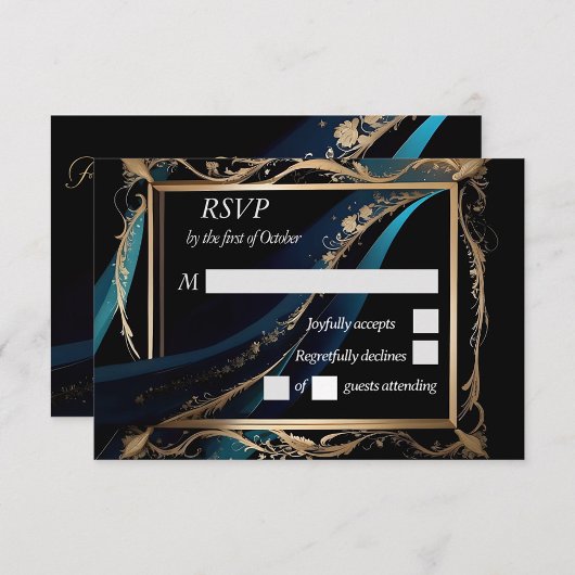 gouden lijst blauwgroen blauw zwart bruiloft RSVP kaartje