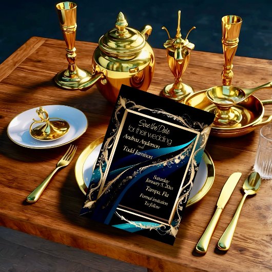 gouden lijst blauwgroen blauw zwart bruiloft save the date