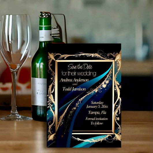 gouden lijst blauwgroen blauw zwart bruiloft save the date