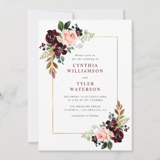 gouden lijst bordeaux blozen bloemenbruiloft kaart (Voorkant)
