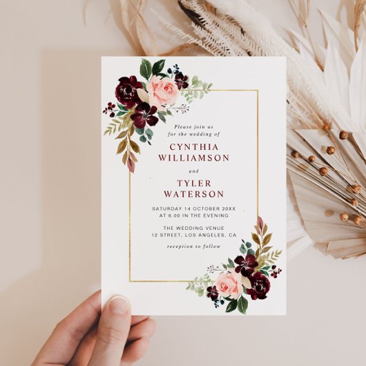 gouden lijst bordeaux blozen bloemenbruiloft kaart