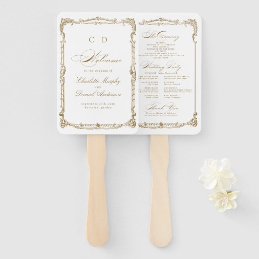 Gouden Lijst Classic Script bruiloft programma Handwaaier (Voorkant en achterkant)