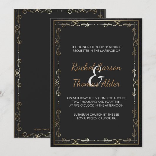 Gouden Lijst en Krullen Bruiloft Kaart (Voorkant / Achterkant)