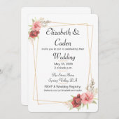 Gouden lijst en roze bloemenbruiloft kaart (Voorkant / Achterkant)