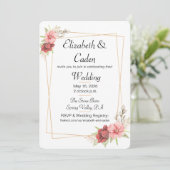 Gouden lijst en roze bloemenbruiloft kaart (Staand voorkant)