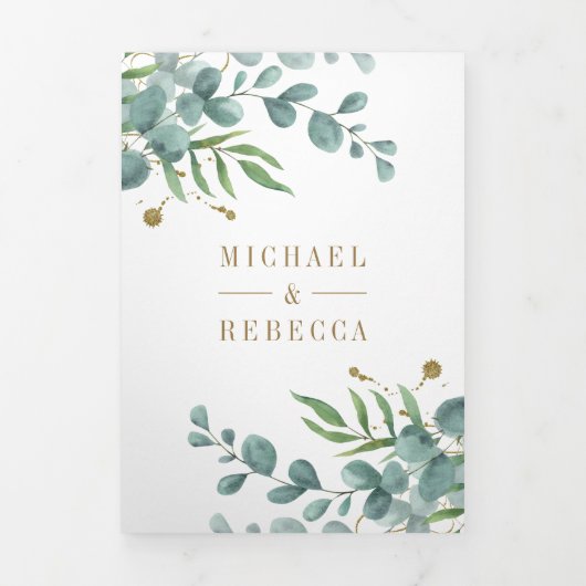 Gouden Lijst Eucalyptus Bladeren Fotocollage Huwel Drieluik Uitnodiging (Cover)