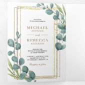 Gouden Lijst Eucalyptus Bladeren Fotocollage Huwel Drieluik Uitnodiging (Binnenzijde eerst)
