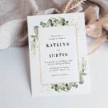 Gouden lijst Eucalyptus groen bruiloft Kaart<br><div class="desc">eucalyptus greenery bladeren met een gouden lijst en een jager groene achterkleur. U kunt de tekst,  tekstgrootte,  kleuren en lettertypen op deze sjabloon wijzigen.</div>