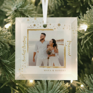 Gouden lijst foto Ons eerste kerstfeest getrouwd G Glas Ornament