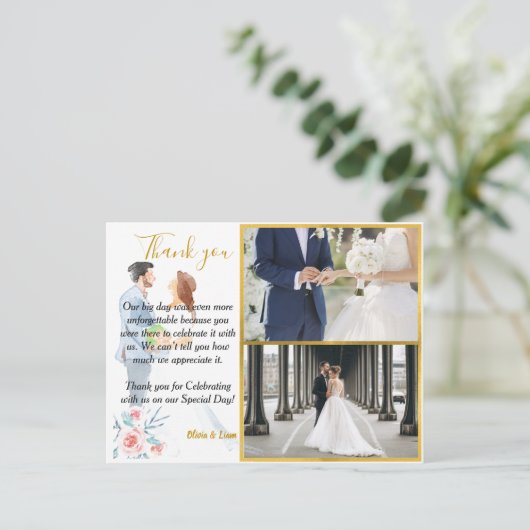 Gouden Lijst Foto's Waterverf bruiloft Dank u Briefkaart (Staand voorkant)
