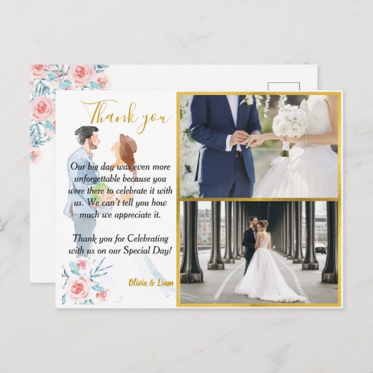 Gouden Lijst Foto's Waterverf bruiloft Dank u Briefkaart (Voorkant / Achterkant)