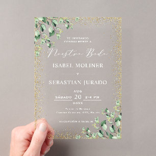 Gouden lijst groen Nossa Boda Spaanse bruiloft Acryl Uitnodigingen