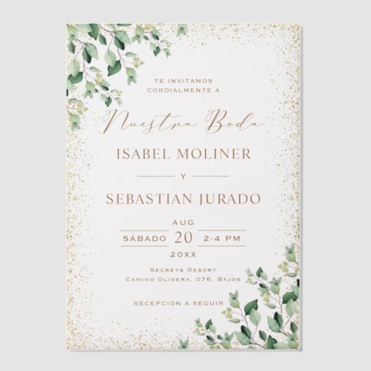 Gouden lijst groen Nuestra Boda Spaans huwelijk Vellum Uitnodigingen (Voorkant)