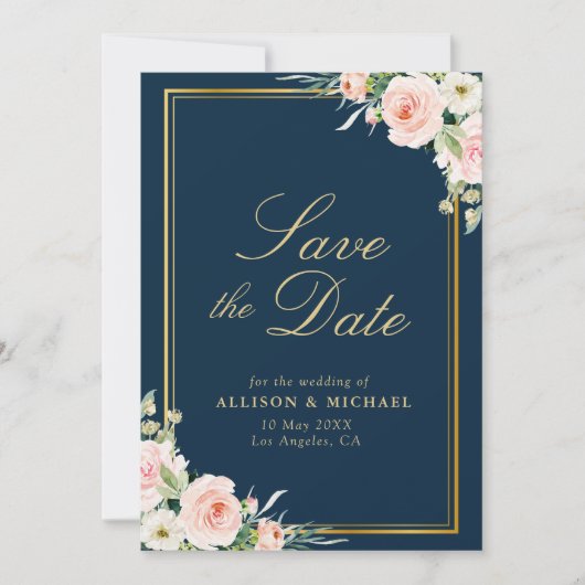 gouden lijst marineslaan bloesem sparen de datumka kaart (Voorkant)