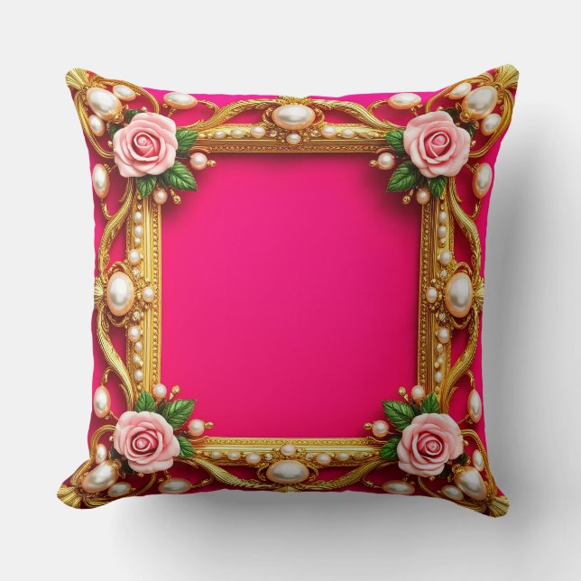 Gouden Lijst met elegante Rozen en parels Kussen (Voorkant)
