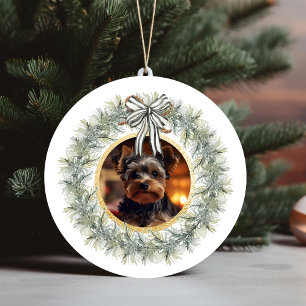 Gouden lijst met krans aangepaste foto van huisdie keramisch ornament