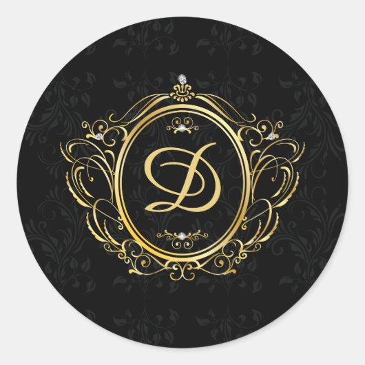gouden lijst met monogram zwarte achtergrond ronde sticker (Voorkant)