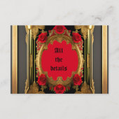 Gouden lijst met rode rozen, gotische bruiloft informatiekaartje (Voorkant)