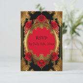 Gouden lijst met rode rozen, gotische bruiloft RSVP kaartje (Staand voorkant)